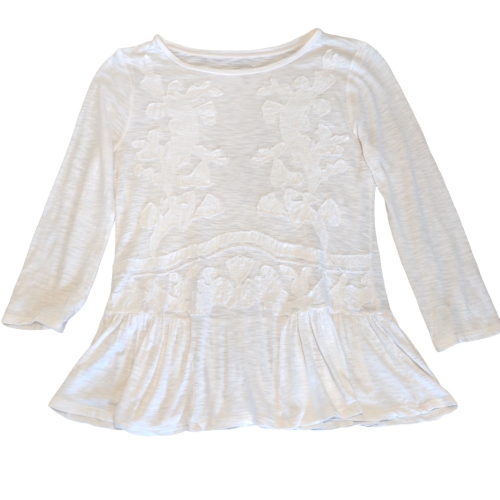 ANN TAYLOR LOFT Boho Ivory Applique Ruffle Hem Top Size XS
